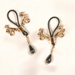 Ornate Flower Crest Gold Nipple Rings with Hematite Pendants