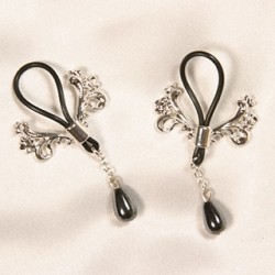 Ornate Flower Crest Sterling Silver Nipple Rings with Hematite Pendants