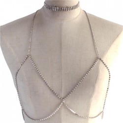 Silver 3 Strand Rhinestone Choker Necklace Open Bra Body Chain Jewelry