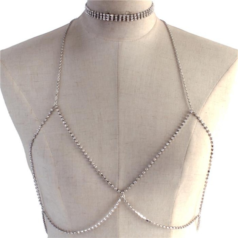 Silver 3 Strand Rhinestone Choker Necklace Open Bra Body Chain