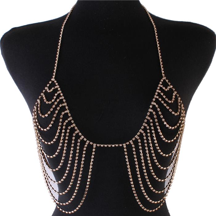 Gold Rhinestone Drop Bra Body Chain Jewelry