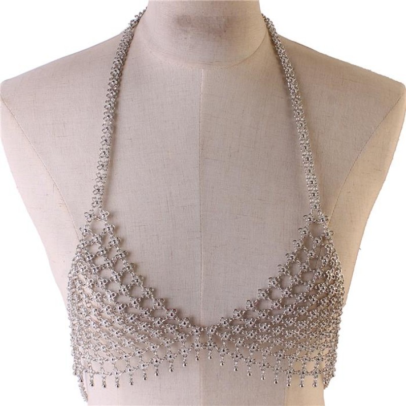 Silver Triangular Flower Shaped Bra Body Chain Jewelry