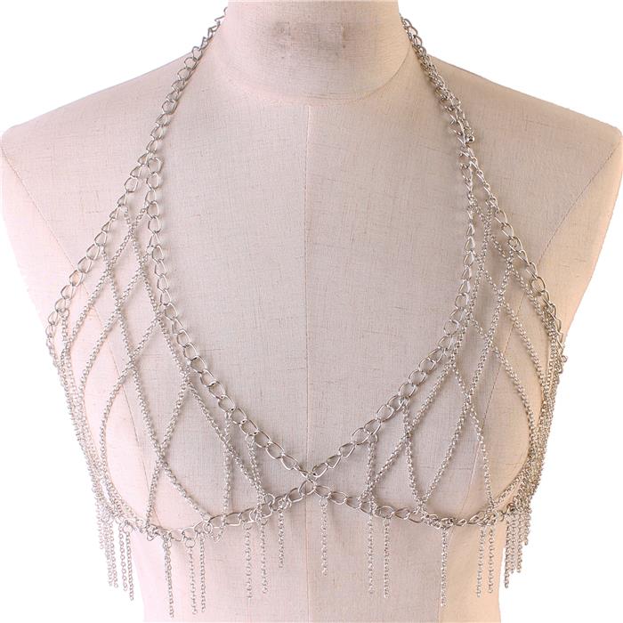 Silver Link Chain Fringe Bra Body Chain Jewelry