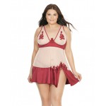 Sheer Nylon & Stretch Satin Babydoll w/Underwire Cups & G-String Merlot/Nude Sheer Nylon & Stretch Satin Babydoll w/Underwire Cups & G-String Merlot/Nude