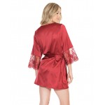 Merlot Stretch Satin Robe with Eyelash Lace Sleeves