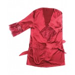 Merlot Stretch Satin Robe with Eyelash Lace Sleeves