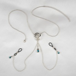 Rose Non-Piercing Nipple Necklace Breast Chain with Aquamarine Crystal Pendants in Silver