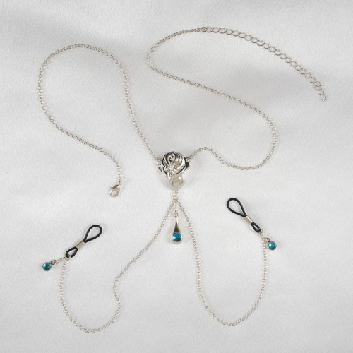 Rose Non-Piercing Nipple Necklace Breast Chain with Aquamarine Crystal Pendants in Silver
