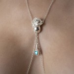Rose Non-Piercing Nipple Necklace Breast Chain with Aquamarine Crystal Pendants in Silver