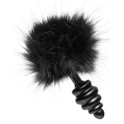 Black Bunny Tail Metal Ribbed Anal Plug