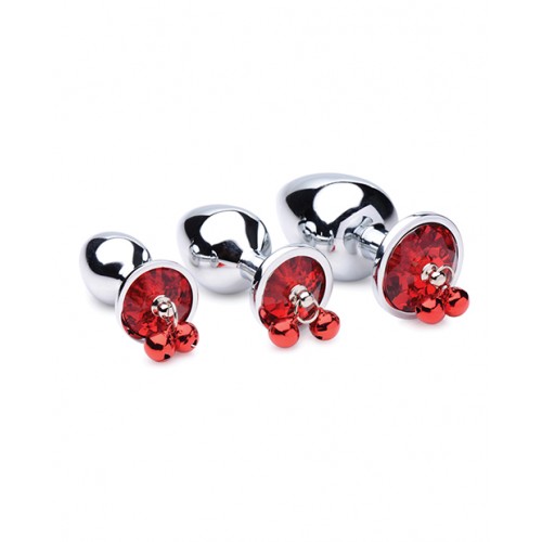 Red Gem With Bells Metal Anal Plug Set